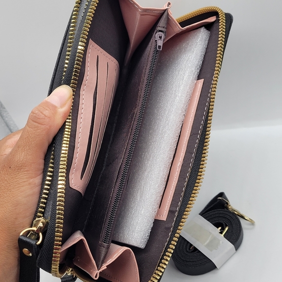 UYHM  Black Wallet Purse Crossbody Strap Double Zip Pockets Phone Pocket - Picture 3 of 7